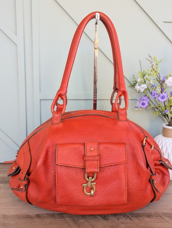 Salvatore Ferragamo Orange Leather Shoulder Bag with Gold Hardware